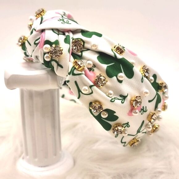 New CLOVER HEART PEARL RHINESTONE HEADBAND - Picture 1 of 6